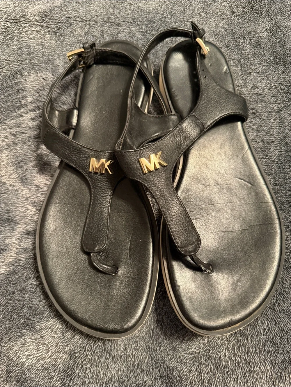 Michael Kors Black Leather Logo T-Strap Sandals